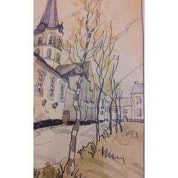 Aquarel "Sleidinge 1952" gesigneerd:Jo Hendrickx