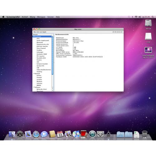 Te Koop een Mac Mini 2.1 Intel Core 2 Duo met Serienummer YM8410VGYL1 met 1,83 Ghz met draadloos internet en een 15 Inch Samsung Lcd en een Set Apple Speakers (Draadje zit los) en een Apple Airport Extreme.