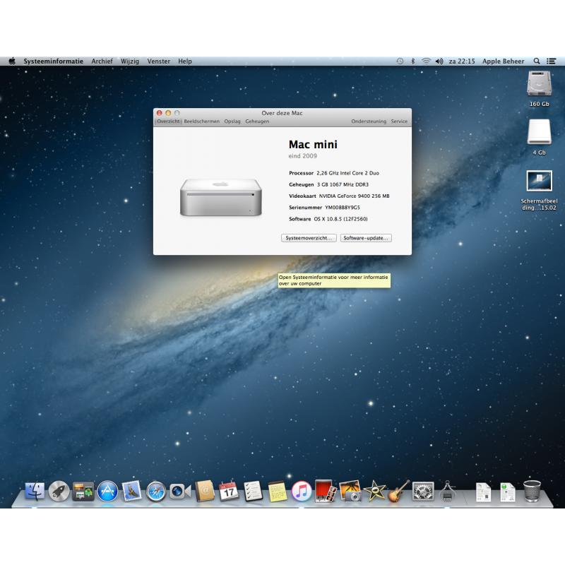 Te Koop een Mac Mini 3.1 Intel Core 2 Duo 64 Bit Computer met Serienummer YM008B8Y9G5 met 2,26 Ghz met draadloos internet en de Stroomadapter en een Set Apple Speakers (Draadje zit los).