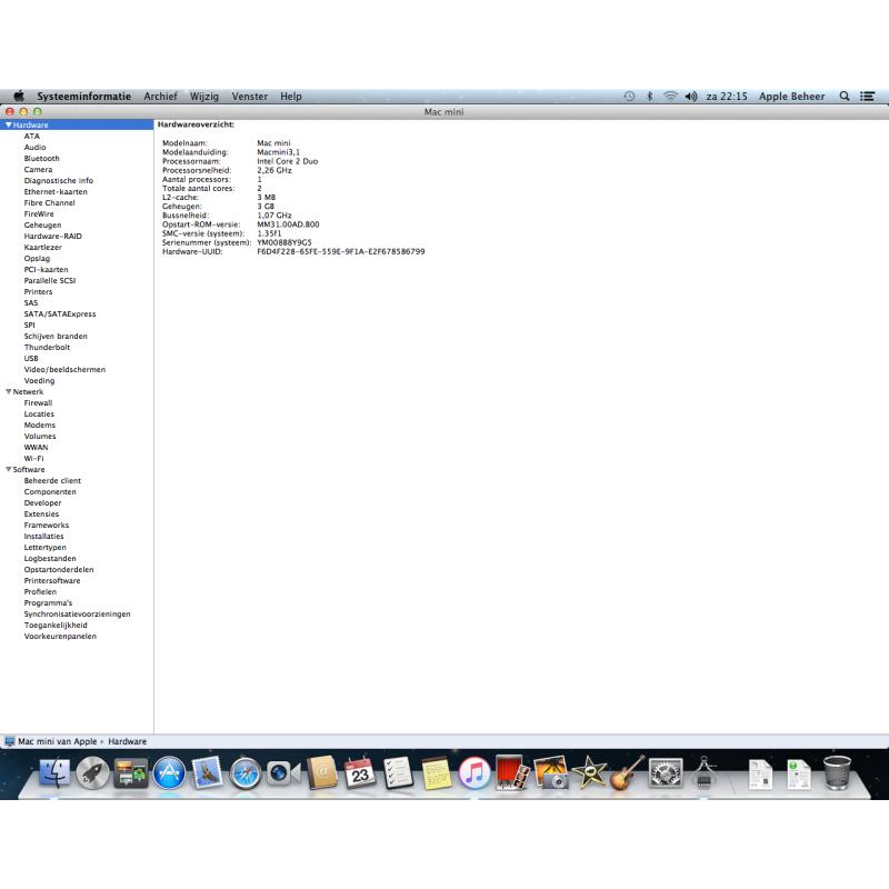 Te Koop een Mac Mini 3.1 Intel Core 2 Duo 64 Bit Computer met Serienummer YM008B8Y9G5 met 2,26 Ghz en de Stroomadapter.