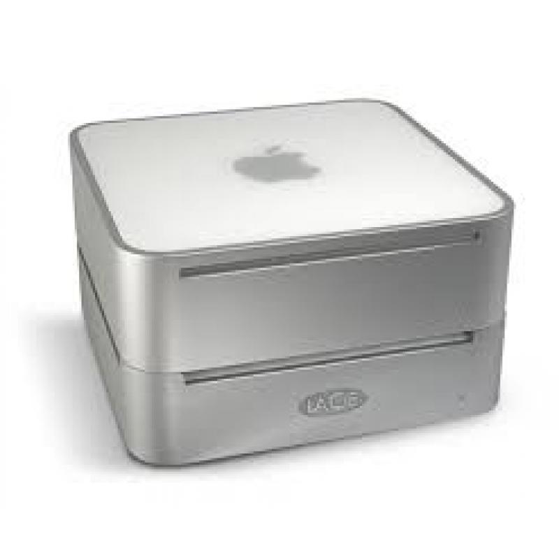 Te Koop Mac Mini 2.1 Intel Core 2 Duo YM8410VGYL1 met 1,83 Ghz met draadloos internet en Het Originele Brandprogramma met een Dikke Handleiding van Toast 6 en een Mini Defecte Lacie Externe Harde Schijf.