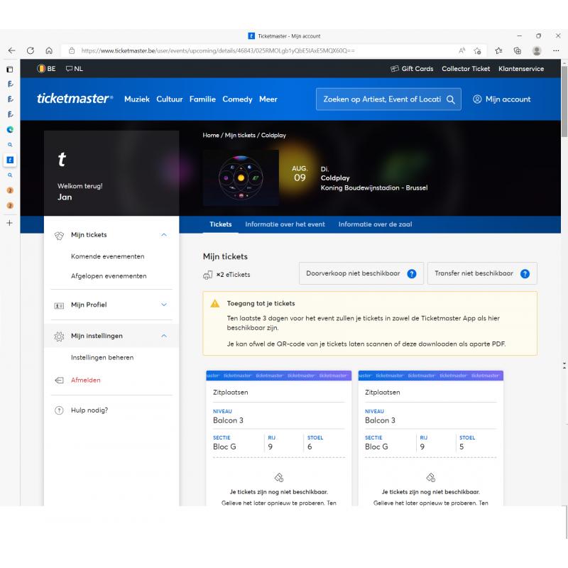 TE KOOP 2 Tickets COLDPLAY Brussel 9 augustus Zitplaatsen