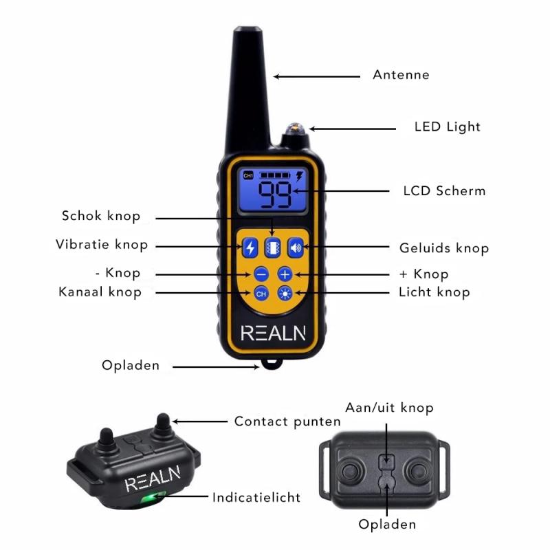 RealN Premium oplaadbare trainingshalsband met afstandsbediening - trilling/schok/geluid/licht - Verstelbare Opvoeding Hals Band voor Kleine tot Middel Grote Honden - 100 Niveaus - 800 Meter Bereik - Water Bestendig - Zwart met geel