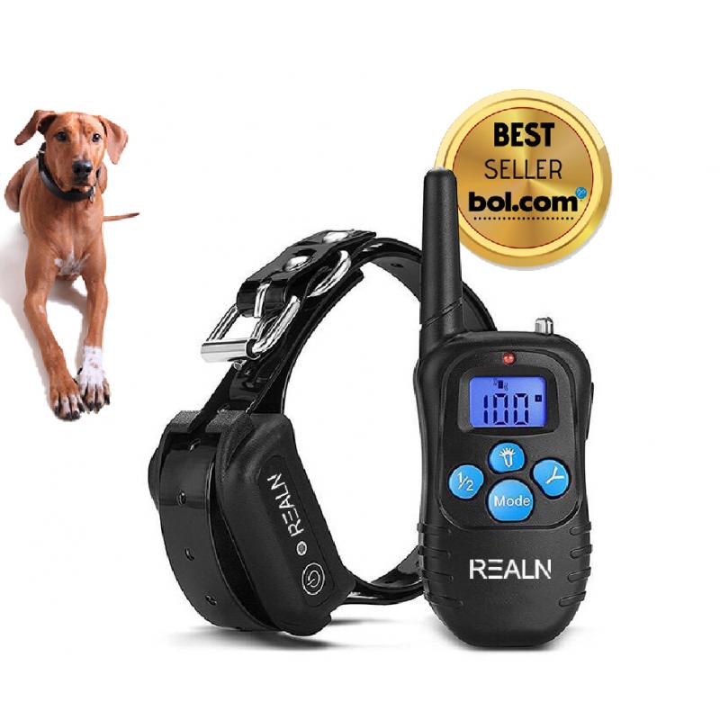 RealN Oplaadbare Trainingshalsband met Afstandsbediening - Trillingen / Schok / Geluid - Verstelbare Opvoeding Hals Band voor Kleine tot Middel Grote Honden - 100 Niveaus - 300 Meter Bereik - Water Bestendig - Zwart met blauw - anti blafband