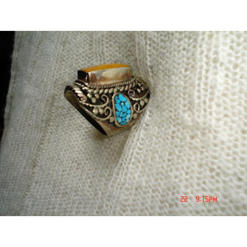 ring uit nepal, gloednieuw, turkoois en amber
